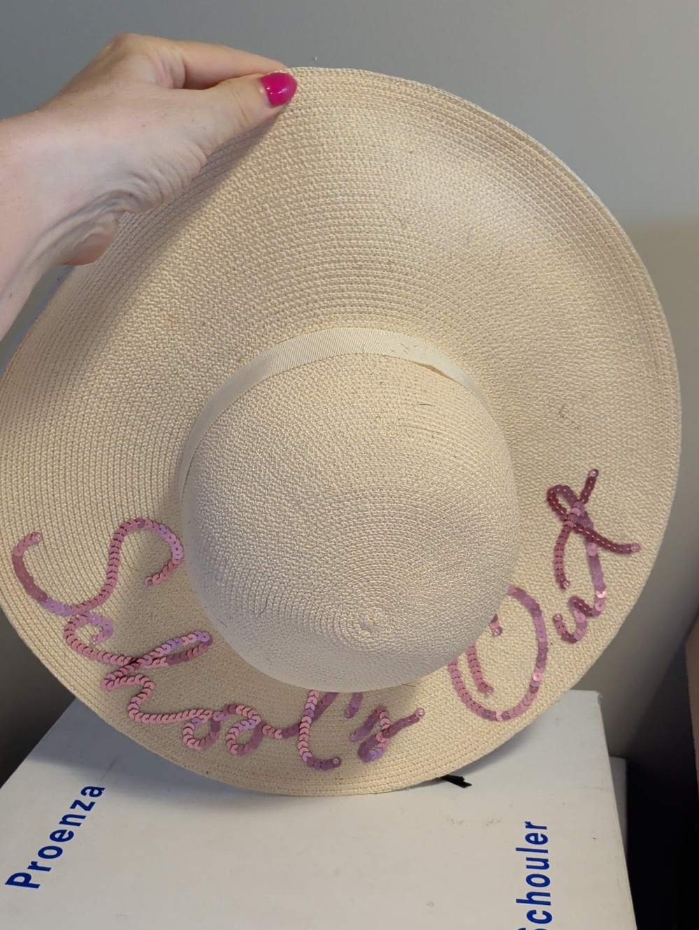 Eugenia Kim Beige Straw Sun Hat with Pink Sequin Script